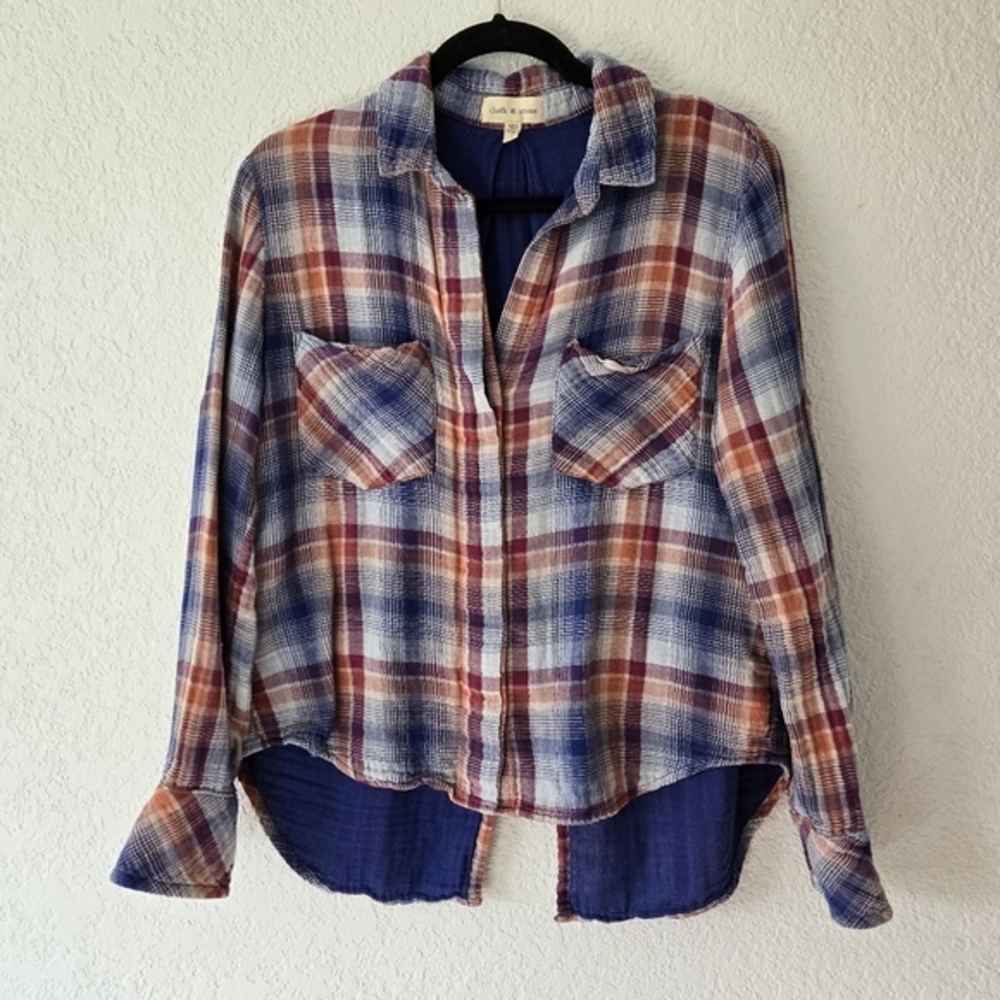 Anthropologie Cloth & Stone S Plaid‎ Split Back Button Down Top Long Sleeve